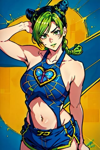 green hair  jolynejojo, 1girl, solo, best quality, masterpiece, highres, sfemale focus, green bangs, green eyes,  vibrant art,takeda hiromitsu style