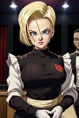 Android 18 blowjob a Black man in office attire dancing with a maid in a ball room, medium shot of his face, visible forehead, detailed face, warm lighting, volumetric, godrays, vivid, beautiful, trending on artstation, cinematic, art by artgerm and greg r
