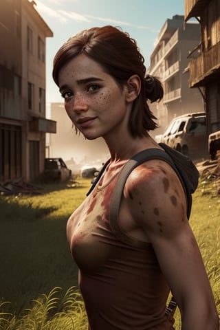 highres, masterpiece, perfect ligthing, bloom, cinematic lighting, adult, light rays, sunrays, perfect skin, female, looking at viewer, face, (RSEEmma:1.5), small breasts, smile, freckles, brown hair, (3ll13tl02:1.3), red clothes, red t-shirt, abandonned, city, streets, overgrown, destruction, grass, scenery, horizon, usa, post-apocalyptic, (giraffe:1.053)