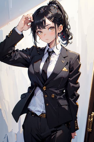 masterpiece, best quality, 1girl, black ponytail, hairclip, blazer, shirt, trousers, relaxed