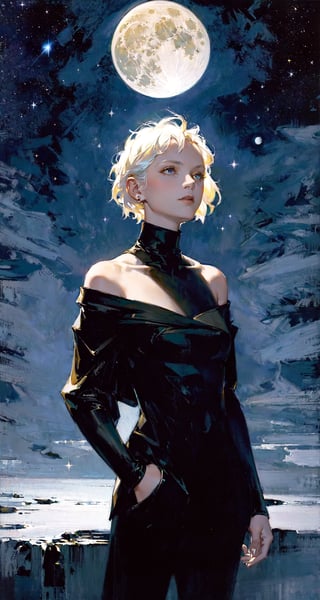 masterpiece, best quality, 1girl, short hair, platinum blonde hair, turtleneck, open jacket, trousers, off shoulder, dark moody lighting, night sky, night, starry sky, (moon, full moon, glittering, sparkle, light particles:1.1),oil painting