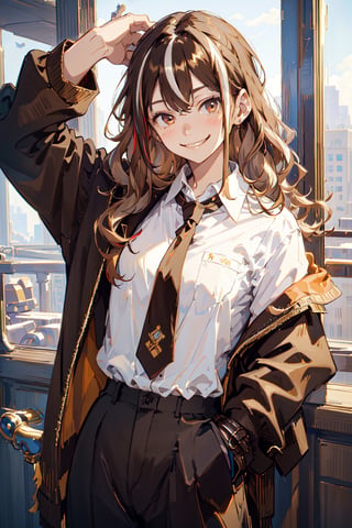 masterpiece, best quality, 1girl, medium wavy brown hair, (two-tone hair, streaked hair:1.1), shirt, necktie, trousers, smirk, smug, happy, relaxed