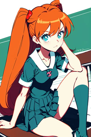 powerpuff girls style, souryuu asuka langley, classroom, bored, illustration