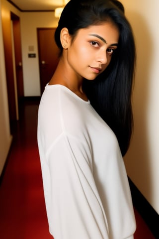 (eye level, headshot:1.2) photo of  sri lankan girl, 1girl, she is wearing costume , she is wearing wrist scrunchie, her hair is styled as Straight High Ponytail, BREAK she is (in the hallway:1.1), silhouetted against the light, shot on Pentax 645Z, rich textures,smooth wide tonality, underexposed,Velvia 100 ,Voigtlnder Nokton 50mm f1.1 ,