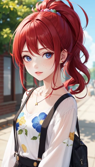 cartoon (masterpiece, best quality), 1girl, collarbone, wavy hair, looking at viewer, blurry, upper body, necklace, suspenders, floral print, ponytail, freckles, red hair, sunlight,cartoon 