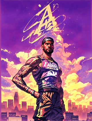 4K,  (GTA style),  (1boy, LeBron James), wearing Lakers suit, 1990s retro style, (Los Angles city skyline background), sunset),  masterpiece,  centered,  sharp focus , Glasses, EpicSky