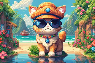 PIXEL ART,A CUTE CAT DESCENT AIRPLANE DESCENT, FLOWERS NECKLACE, FLOWERS HAT,ROUND SUNGLASS,BACKGROUND HAWAI ISLAND,funny picture, cute picture,(best quality:1.1), (masterpiece:1.2),beautiful detailed, (high detailed skin, skin details), (wide_landscape, 8k), beautiful face, detailed eyes, depth of field, best quality, highres,best illumination,Xxmix_Catecat,cat,pixel art,pixel