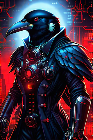 A cyborg plague doctor with a raven-themed design, in devilcore art style