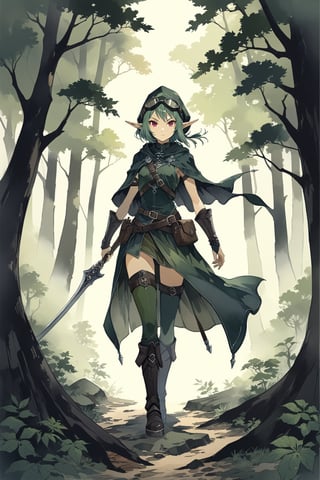 watercolor style, 1girl, solo, a female dark elf ranger, with short dark green hair and dark goggles, full body, detailed forest background, looking at viewer, more detail XL,Drow