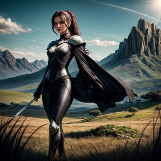 extremely detailed, realistic, ultra high resolution, masterpiece, cinematic image, cinematic light, dynamic light, intense atmosphere, deep shadow, light on half face, one girl standing holding medium straight sword, medium breast, big waist, shoot full body, a little pose, looking at viewer, black knight suit, ponytail hair, savana, luscious grass, some tree visible from a distance, mountain, unzoom, perfect eye,
