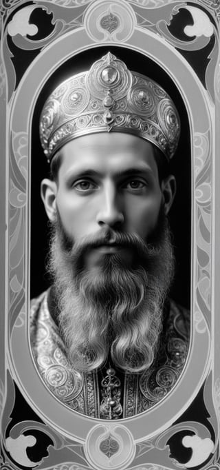  A translucent holograph card with ornate border, rounded corners, a black and white photo of a man with a long beard, art nouveau influence, silver refractions, an album cover by Serhii Vasylkivsky, Tumblr, renaissance, Nikolay Georgiev, apollinaris Vasnetsov, orthodox saint