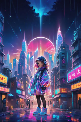 A stunning cinematic, psychedelic artwork featuring a futuristic Manhattan skyline with vibrant colors and a retro-futuristic vibe. The cityscape is filled with art deco and neon-lit buildings, while the sky is filled with a swirling kaleidoscope of colors. The foreground showcases a glamorous woman with large, detailed eyes and a vintage hairstyle, surrounded by graffiti and fashionable elements. The overall atmosphere is a blend of surrealism, dark fantasy, and anime influences, creating an immersive and captivating visual experience., product, graffiti, illustration, wildlife photography, anime, vibrant, conceptual art, 3d render, architecture, cinematic, portrait photography, painting, photo, dark fantasy, fashion, ukiyo-e, poster
