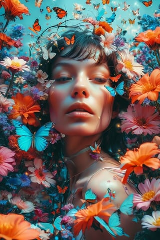 a woman's face surrounded by flowers and butterflies, digital art by Zofia Stryjenska, unsplash contest winner, digital art, beeple and james jean, beautiful surreal portrait, beeple. hyperrealism