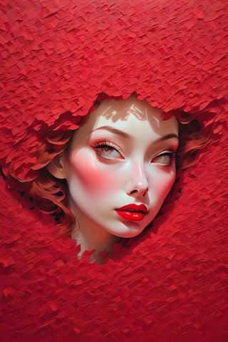 a close up of a woman a red lipstick, "Fractal Starscape" in melted paper style, 