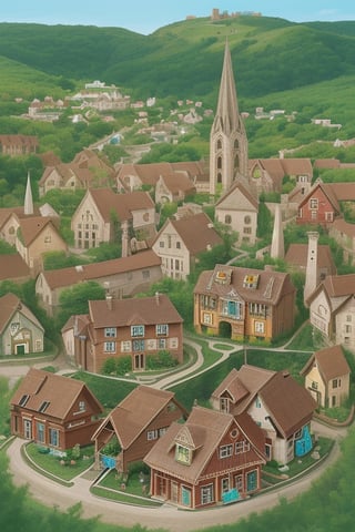 aerial view, village of cute tiny assorted houses, whimsical, fanciful 