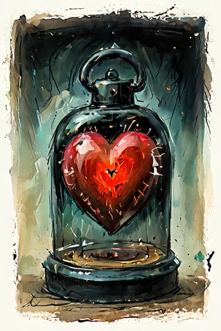 color photo of a hauntingly dark imagery depicting a heart painted in black, enclosed within a glass box. The heart symbolizes a deep and profound emotion, encapsulated in darkness and despair. The glass box, sealed shut with a lock, further emphasizes the sense of isolation and confinement. It is anchored to the ground, representing the weight and permanence of the emotions contained within. The atmosphere surrounding the scene is suffused with an aura of darkness, invoking a feeling of grimness and foreboding. This evocative image invokes a sense of dread, inviting viewers to confront the depths of their own emotions and the complexities of the human experience