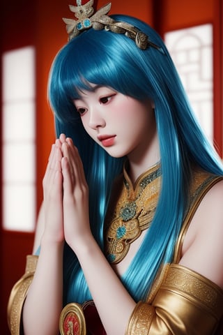 hight quality, ultra realistic, wide angle, a gorgous young asian goddess with blue hair, praying, bliss, very luminous atmosphere 