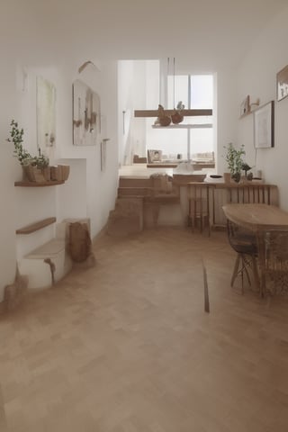 interior in a large hall beige and brown tones SCANDINAVIAN style