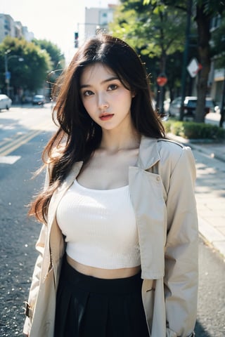 (masterpiece, best quality, highres), Korean girl K-pop idol, long hair, instagram model, 50mm, flash photography, real life, cute face, tight thin form fitting crop top emphasizing her large bust and pencil skirt, ultra resolution image, (realistic, realistic skin texture:1.2), a 20 yo woman, long hair, dark theme, soothing tones, muted colors, high contrast, (natural skin texture, hyperrealism, soft light, sharp), outdoors, trench coat, ,4ngel,m4ri3,mikumonmon_48,vonnyfelicia,1girl,Young beauty spirit 