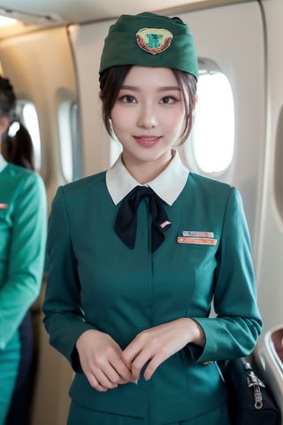 Close up to everything, 16K UHD, (life style:1.4), A french-Taiwanese beautiful Stewardess, super idol face, 24 years old, detailed face, monolid, (bun short haired:1.4), (long-sleeved turquoise green-bue stewardess shirt , white collar, off-white long skirt, black tie:1.4), laying on a plane seat, the light is very bright, spotlight, masterpiece, high quality,(she is wearing a blue-green Stewardess's side cap:1.6),wanpeng, (black pupils:1.2),Seolah,better_hands,Asia,1 girl ,Woman ,solo,imutbgtbos, (full_body shot:1.2)