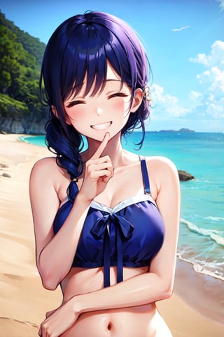 absurdres, highres, best quality, lynn minmay, 1girl, solo, (twin drills:1.3), blue hair, upper body, outdoors, beach, swimsuit, closed eyes, grin,