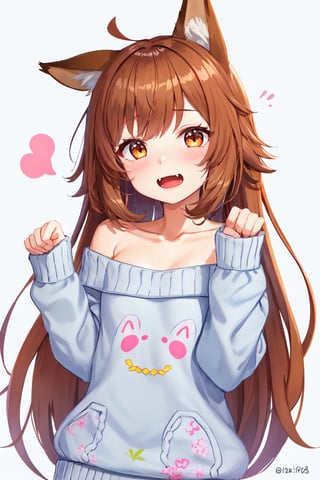 1girl, solo, brown hair, animal ears, long hair, sweater, fangs, sleeves past wrists, brown eyes, looking at viewer, blush, off shoulder, open mouth, simple background, bangs, collarbone, long sleeves, grey background, twitter username, paw pose, grey sweater, floral print, teeth, very long hair, bare shoulders