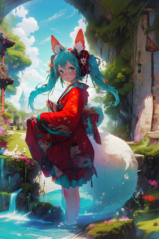 1girl, hatsune miku, fox ears, fox tail, kimono, 