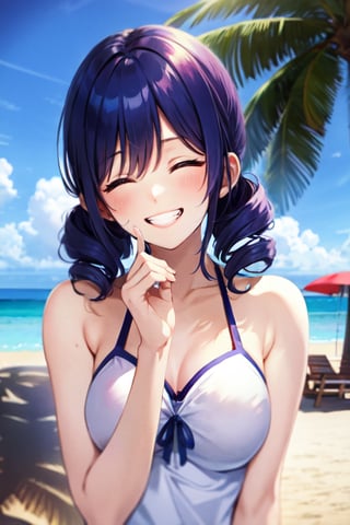 absurdres, highres, best quality, lynn minmay, 1girl, solo, (twin drills:1.3), blue hair, upper body, outdoors, beach, swimsuit, closed eyes, grin,