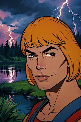 He-man, facial portrait, sexy stare, smirked, on top of hill, forest, lake, cloudy sky, lightning, ,he-man,