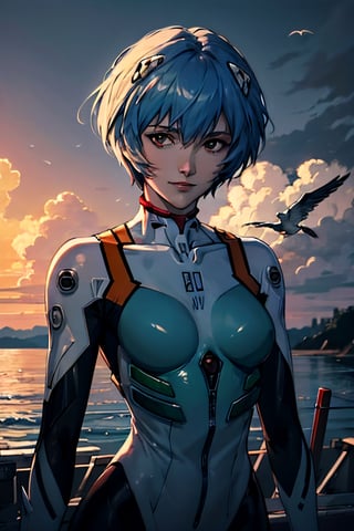 Neon Genesis Evangelion's Rei Ayanami, facial portrait, sexy stare, smirked, on top of orange robot, near shoreline, birds flying around, cloudy sky, lightning ,rei ayanami