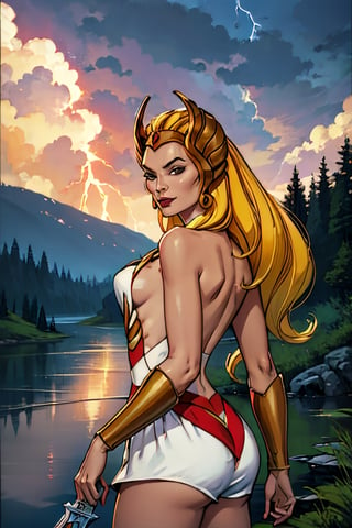 she-ra, naked, facial portrait, sexy stare, smirked, on top of  hill, looking down forest, lake, cloudy sky, lightning, holding her sword of power, butt shot 