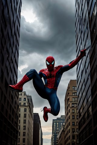 Photorealistic, Spider-Man, facial portrait, swinging through the buildings, streets below, cars driving, crowds walking, cloudy sky, lightning ,spider-man costume