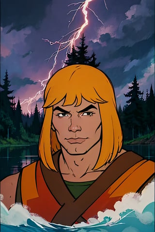 He-man, facial portrait, sexy stare, smirked, on top of hill, forest, lake, cloudy sky, lightning, ,he-man,