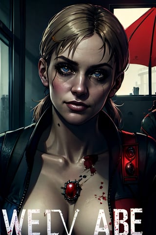 jill valentine (resident evil 5), facial portrait, sexy stare, smirked, inside lab, umbrella signs, zombies in the window