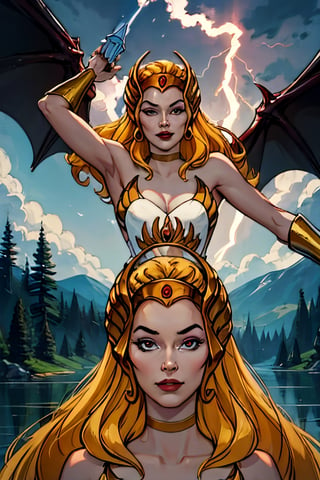 she-ra, facial portrait, sexy stare, smirked, on top of  hill, looking down forest, lake, dragons flying around, cloudy sky, lightning, holding her sword of power