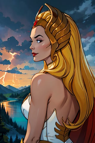 she-ra, facial portrait, sexy stare, smirked, from behind, on top of  hill, looking down forest, lake, dragons flying around, cloudy sky, lightning 