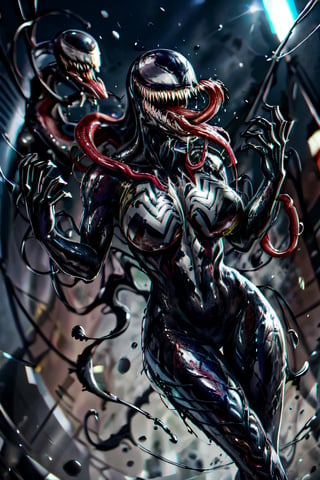 Venom, facial portrait, inside lab, large vials, venom, symbiote, 