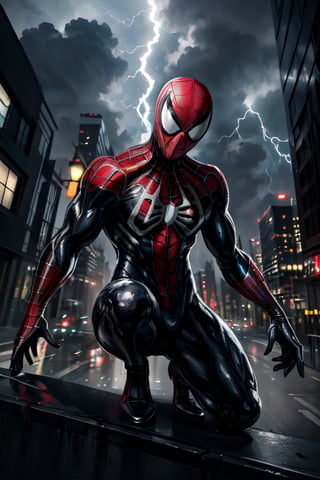 Spider-Man, black costume, facial portrait, crouched, On top  of the building, streets below, cars driving, crowds walking, cloudy sky, lightning , venom