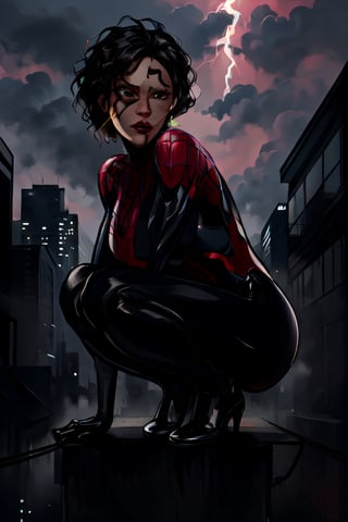 Spider-Man, black costume, facial portrait, crouched, On top  of the building, streets below, cars driving, crowds walking, cloudy sky, lightning , venom