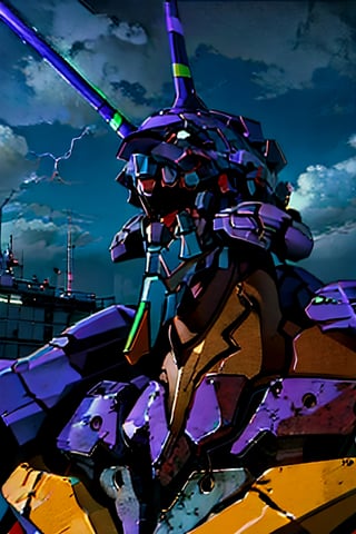 Neon Genesis Evangelion's, unit 01, facial portrait,  futuristic buildings, cloudy sky, lightning, evangelion mecha, ,evangelion anime style