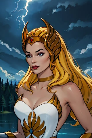 she-ra, naked, facial portrait, sexy stare, smirked, on top of  hill, looking down forest, lake, cloudy sky, lightning, holding her sword of power