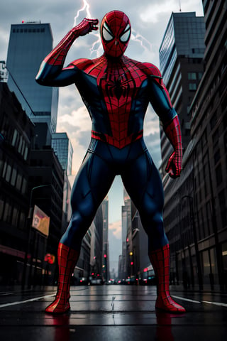 Spider-Man, facial portrait, On top  of the building, streets below, cars driving, crowds walking, cloudy sky, lightning ,spider-man costume