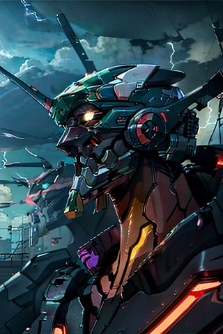 Neon Genesis Evangelion's, facial portrait,  futuristic buildings, cloudy sky, lightning, evangelion mecha, 