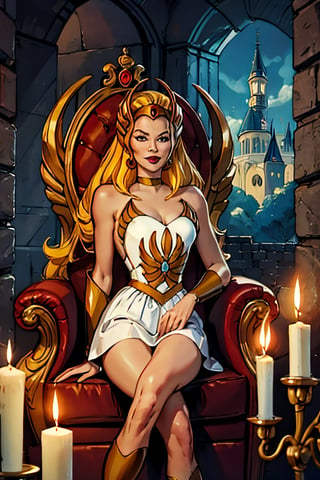 she-ra, facial portrait, sexy stare, smirked, sitting on big throne, inside castle Grayskull, candlelights, 