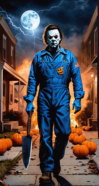 Michael Myers, facial  portrait, blue overall, walking through the sidewalk, small town, streets burning, light pumpkins though out the street, cloudy sky, lightning, full moon, butchers knife on one hand, 