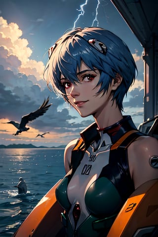 Neon Genesis Evangelion's Rei Ayanami, facial portrait, sexy stare, smirked, on top of orange robot, near shoreline, birds flying around, cloudy sky, lightning ,rei ayanami