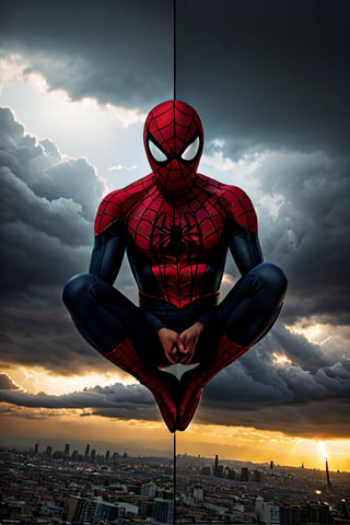 Photorealistic, Spider-Man, facial portrait, on top of building, city below, cloudy sky, lightning, birds flying around, planes, 