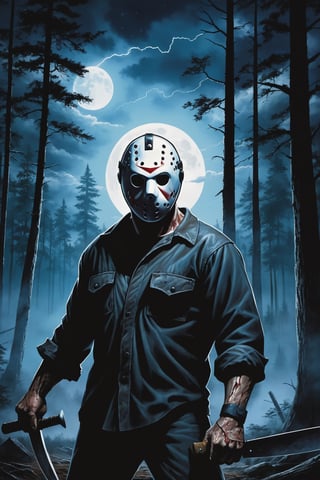 Jason Voorhees, facial portrait,  (holding machete), inside forest, cloudy sky, lightning, full moon, from behind, cabin in the woods