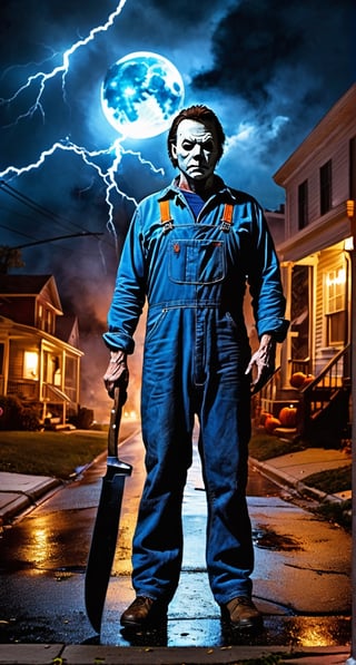 Michael Myers, facial  portrait, blue overall, walking through the sidewalk, small town, streets burning, light pumpkins though out the street, cloudy sky, lightning, full moon, butchers knife on one hand, 