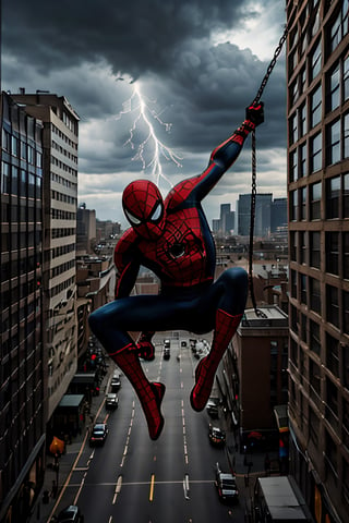 Photorealistic, Spider-Man, facial portrait, swinging through the buildings, streets below, cars driving, crowds walking, cloudy sky, lightning 